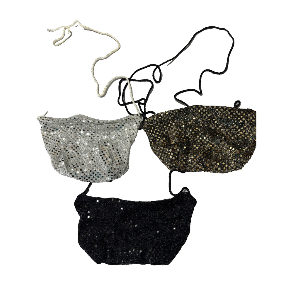 3 Pack Semi Sheer Small Shoulder Bags Sequin‎ Gold Black Silver Glam Event HOCO